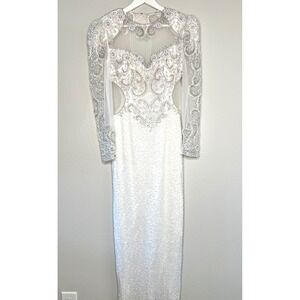 Oleg Cassini Vintage White Beaded Sequin Mesh Long Sleeve Wedding  Gown Dress 8